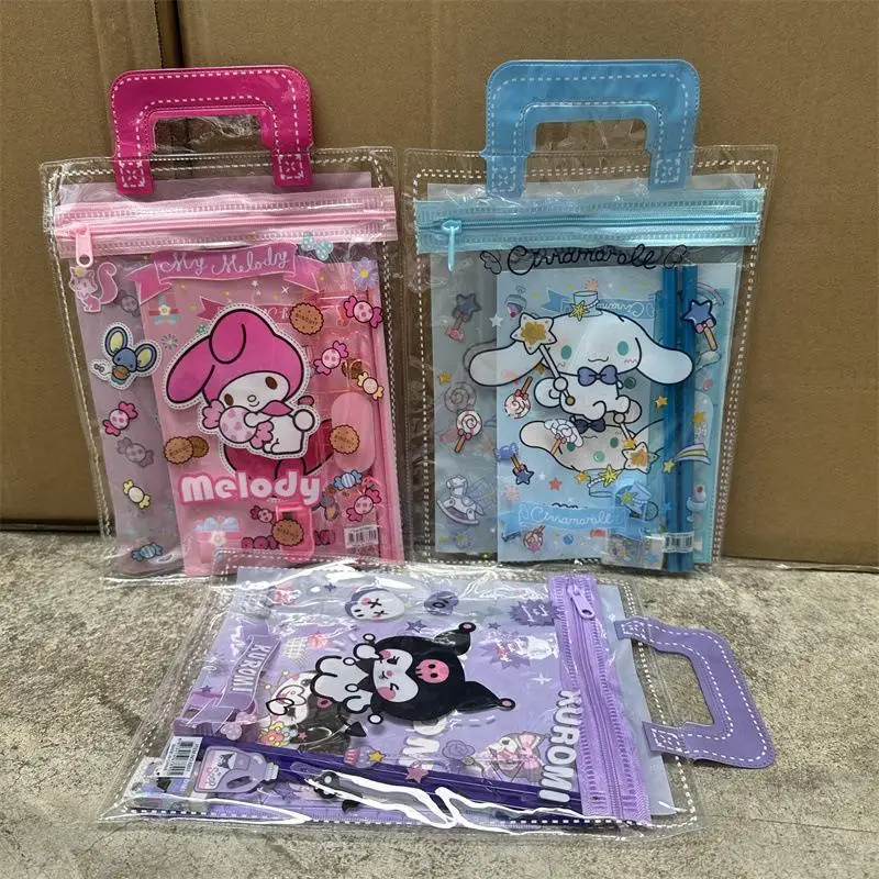 Sanrio Kawaii Kuromi Cinnamoroll Handheld Stationery Gift Bag Melody Notebook Ruler Pen Planer Eraser Set Student Accessories