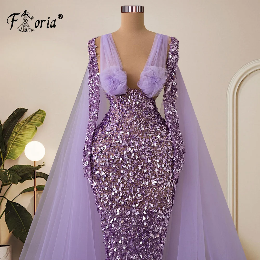 Frisado lantejoula bainha vestidos de noite com capa de tule, Luxo brilhante Dubai Prom Party Dress, Custom Made