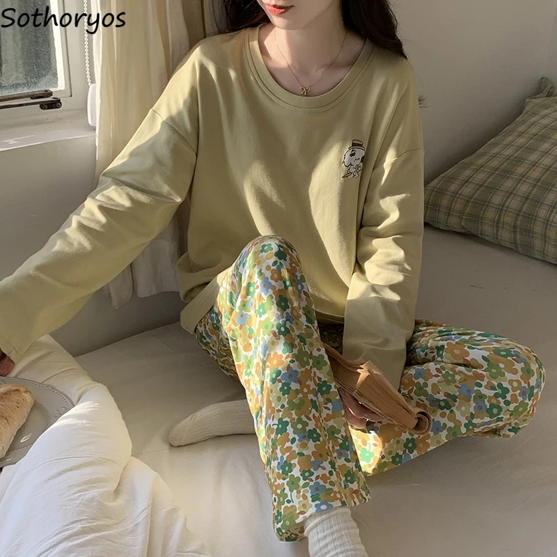 

With Chest Pads Pajama Sets Women Spring Autumn Ins Korean Fashion Daily Long Sleeve Trousers Outfits Ulzzang Sleepwear Sweet