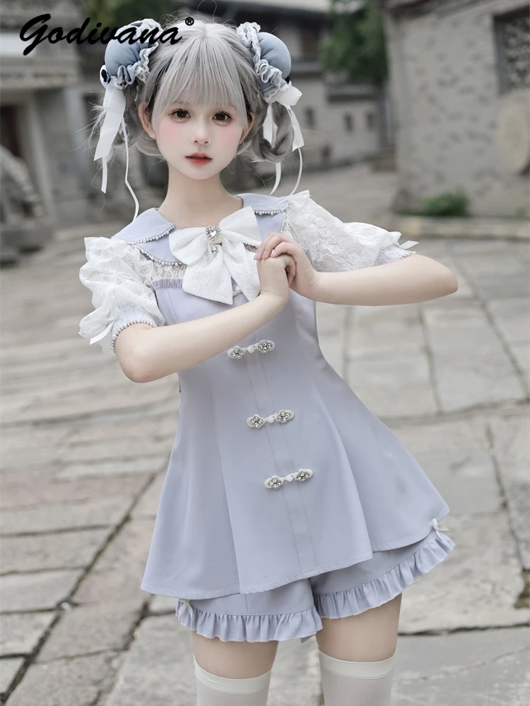 Mine Series Mass-Produced Short Sleeve Petal Collar Chinese Style Short Sleeve Shirt Dress and Shorts 2 Piece Set Summer Outfit