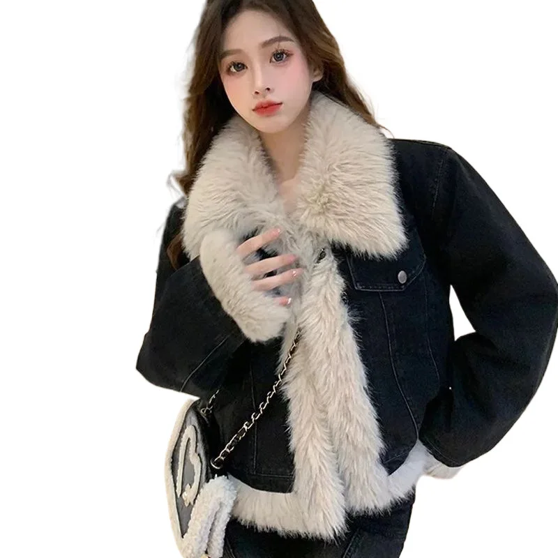 Autumn And Winter New Thickened Short Cotton-padded Jacket Woolly Denim Coat Feel Fried Street Senior Lamb Splicing Top