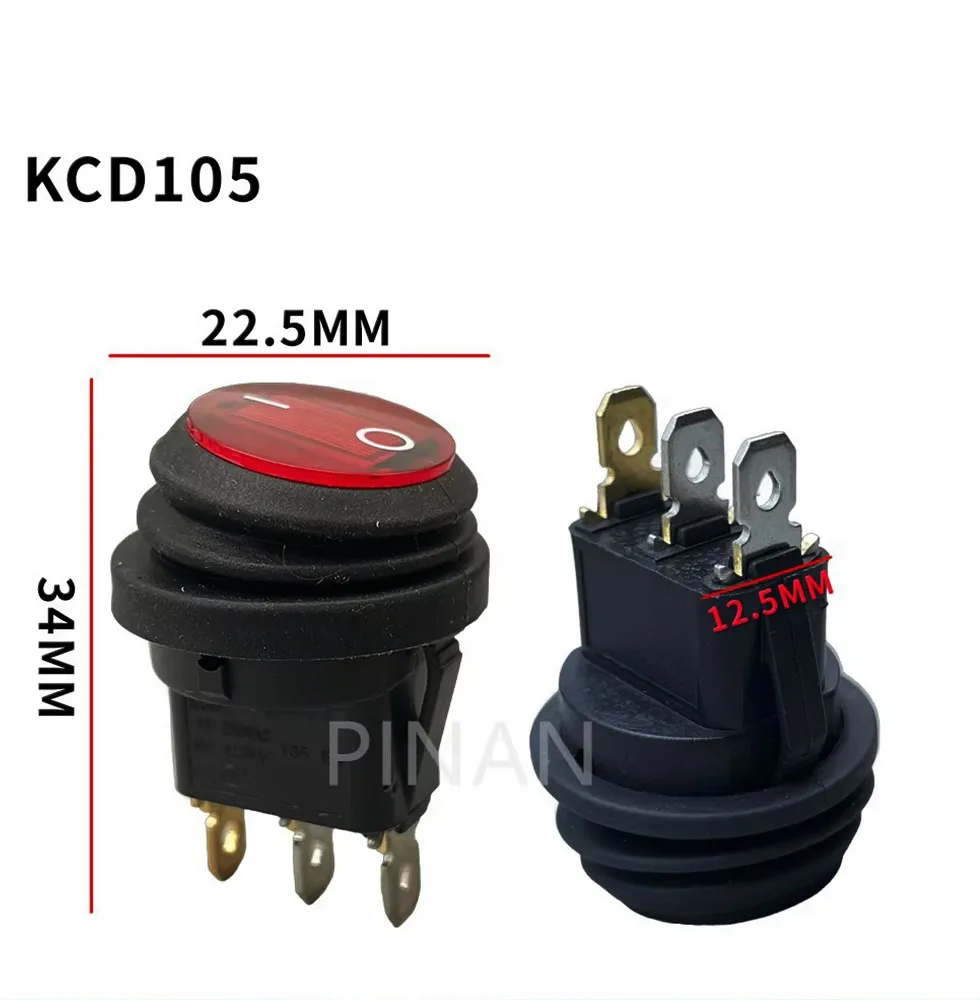 1pcs KCD105Waterproof Button with 12V 220V Light Rocker Switch Opening 20MM Boat-shaped Round 3Pin Silver Point Switches