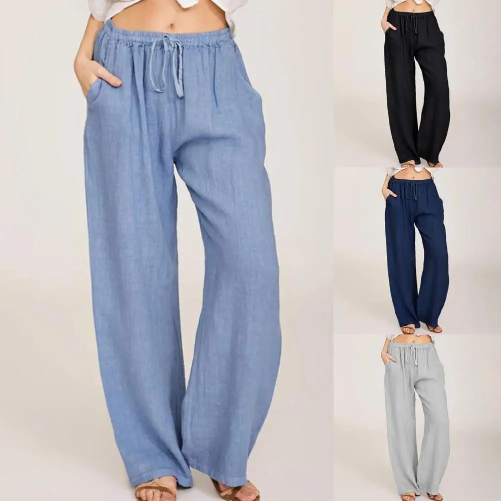 

Women's Cotton Linen Pants Fashion Solid Pocket Drawstring Baggy Trousers Comfort Loose Wide Leg Pant Streetwear Sweatpants Men