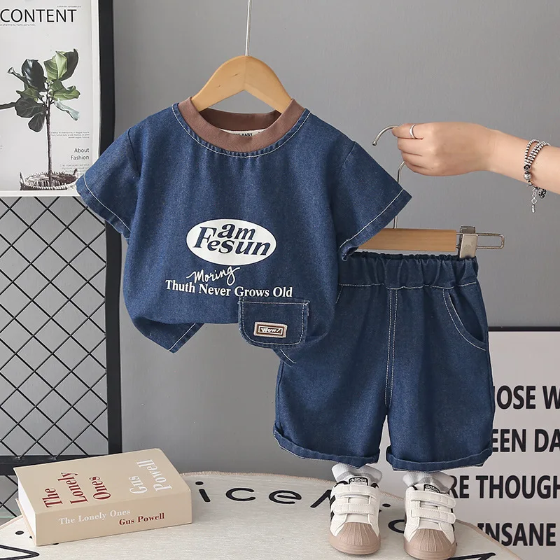 2026 New Boys Summer Outfit Kids Denim Short Sleeve T-shirt Shorts 2 Piece Set Children Cotton Breathable Casual Toddler Clothes