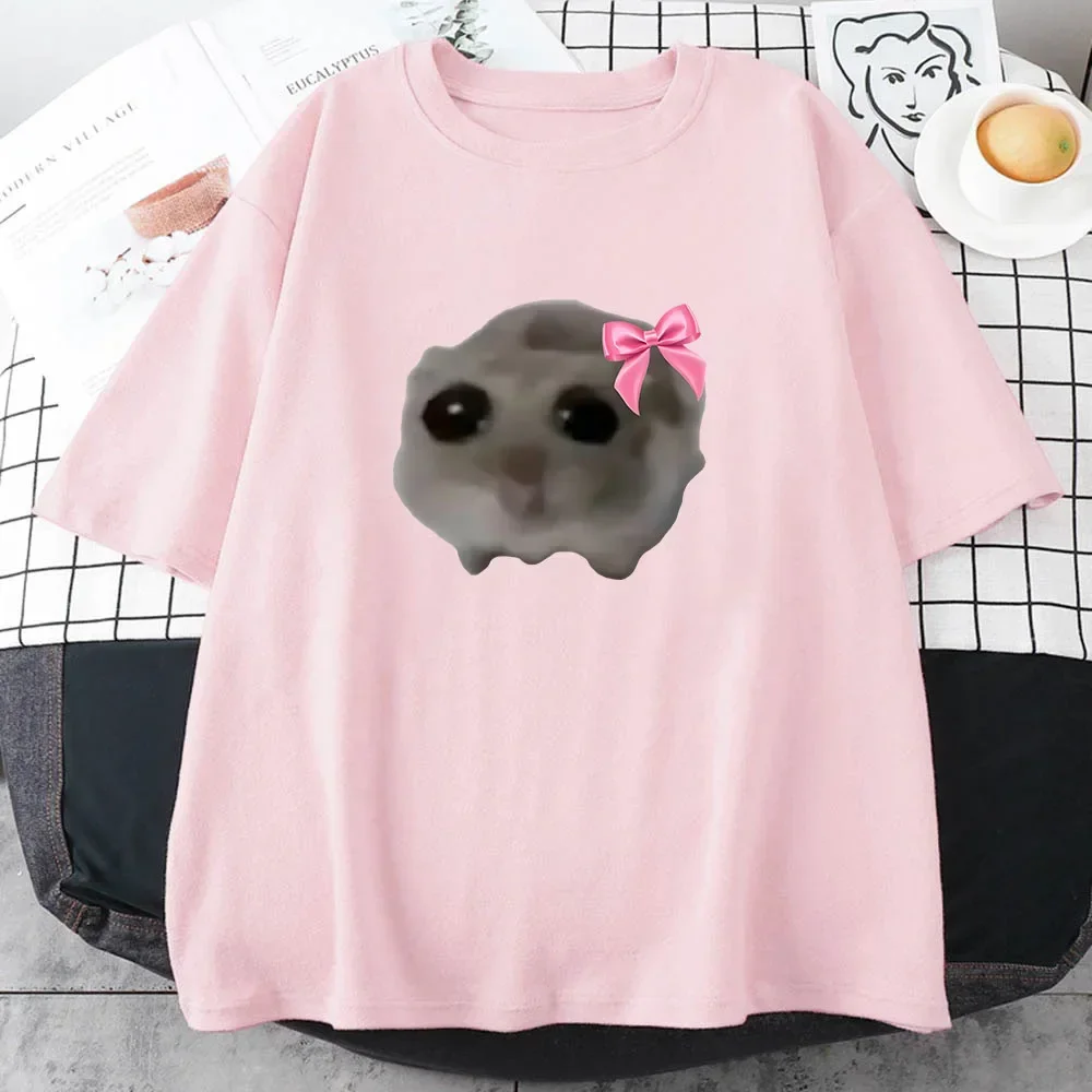 

2025 Sad Hamster Tshirt Cartoon Graphic Printed Tee-shirt Pink Summer Comfortable Tshirt Streetwear Short Sleeve Women Men Tee