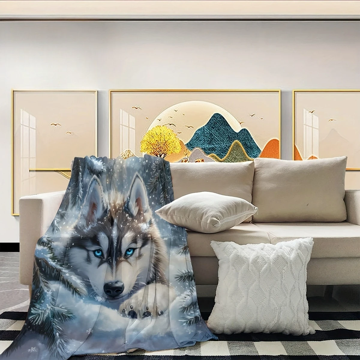 Comfortable Winter Snow Wolf Pattern Home Flannel Blanket, Nordic Style Art Design with Animal Theme, Soft And Warm, Cozy Home D