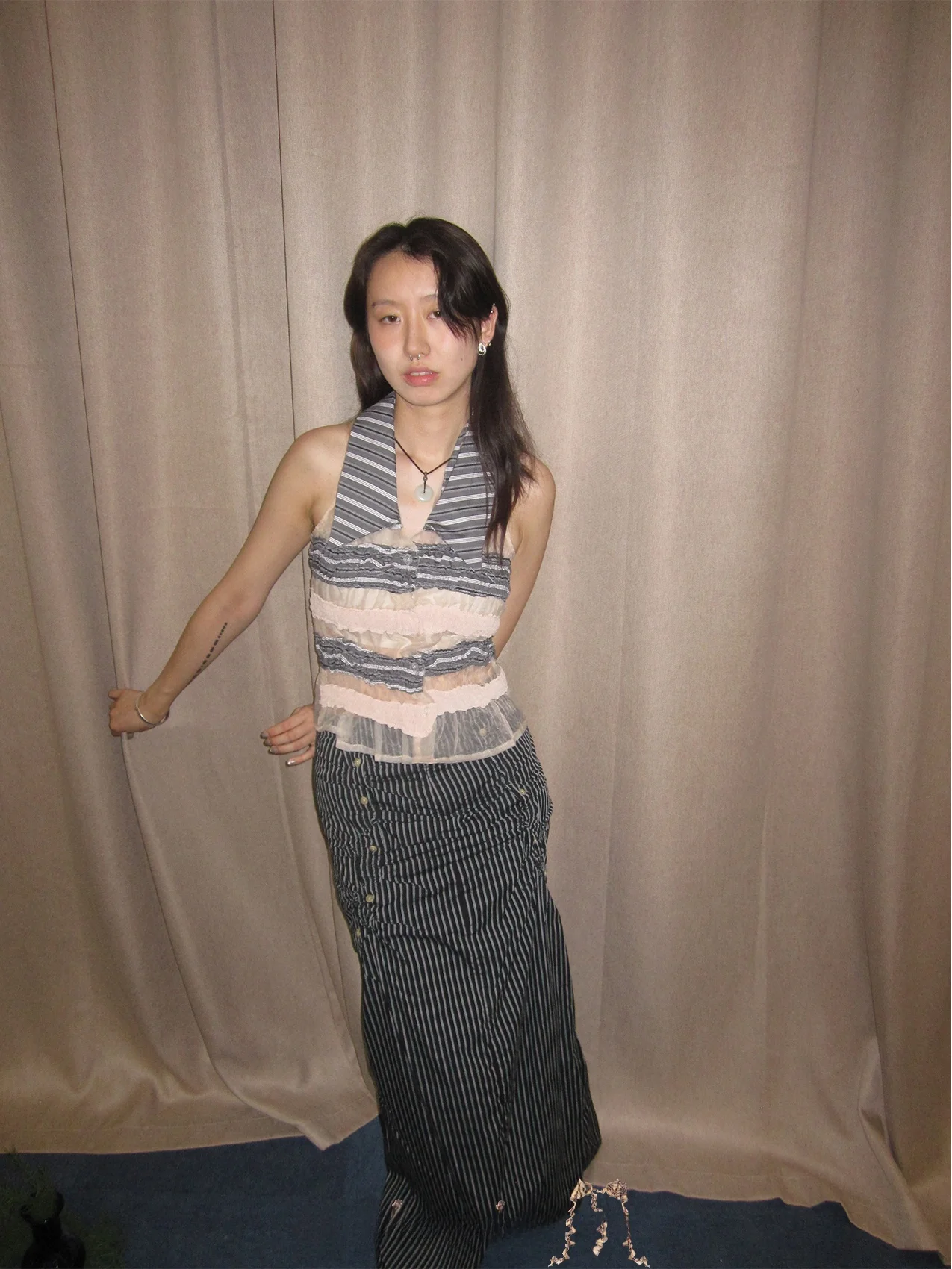 

Meiewie Twist Series Striped Patchwork Mesh Collar Vest Women's Original Design Cotton Blend Fabric Slim Fit Summer Vest