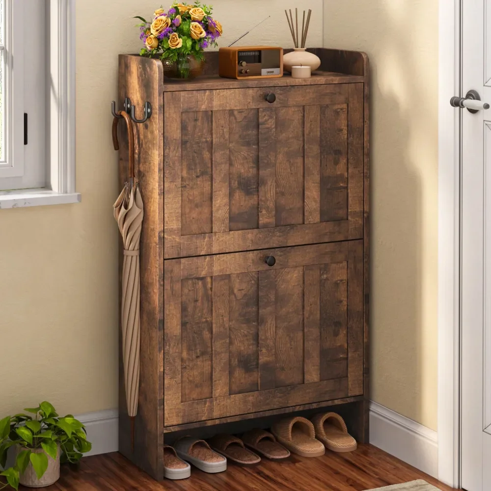 

Cabinet With 2 Flip Drawers, Shoe Organizer Storage For Entryway, Freestanding Narrow Rack Cabinet With SpaceSaving, For Hallwa