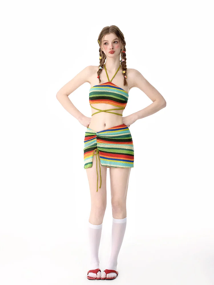 

Sweet Spicy Knitted Bikini Women's Separate Strapl Ne Hanging Vaion Onsen Island Holiday Triangular Bikini with Chest...