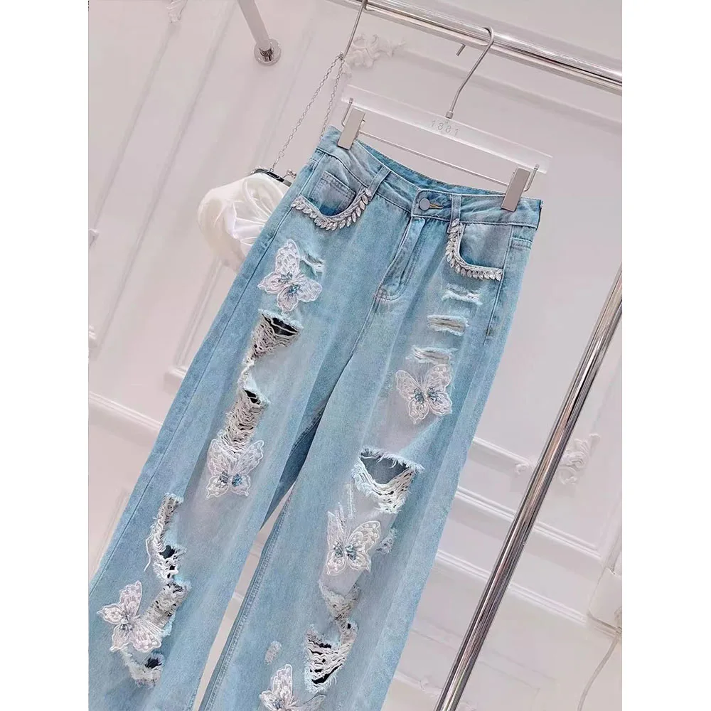 素敵なジーンズ女性の 2025 夏の新甘いハイストリートロングデニムパンツダイヤモンドラインストーン弓穴デザインストレートデニムパンツ