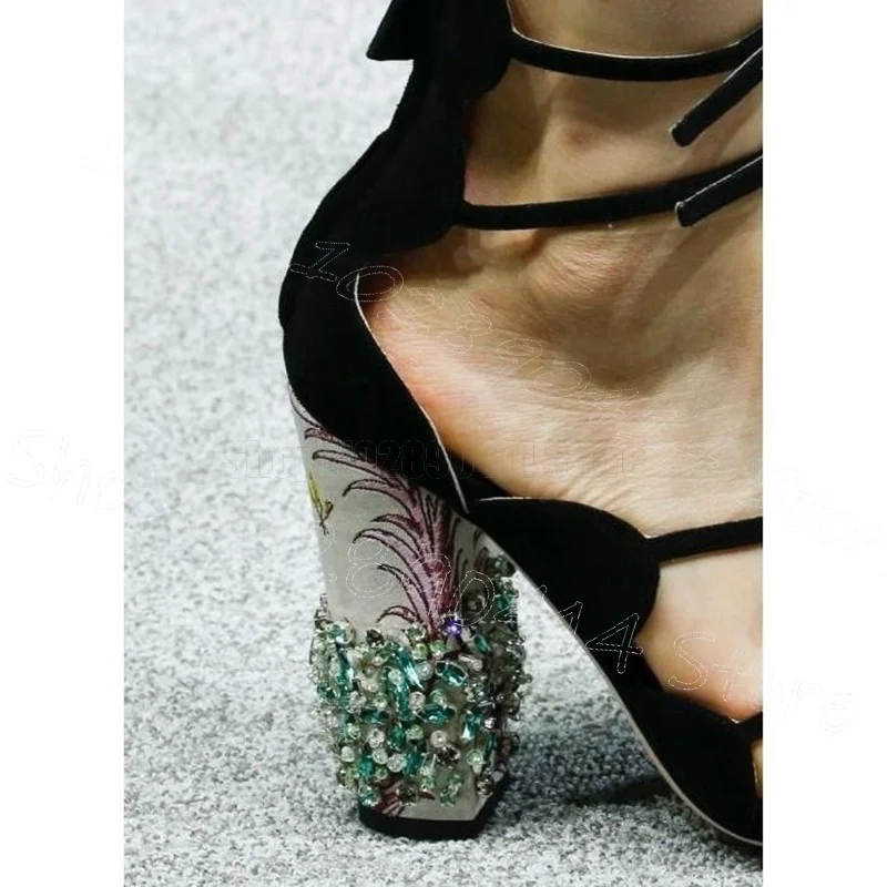Sandálias femininas com estampa floral, salto de cristal, fivela preta, zíper traseiro, salto alto grosso, festa, banquete, 2025 zapatos para mujere