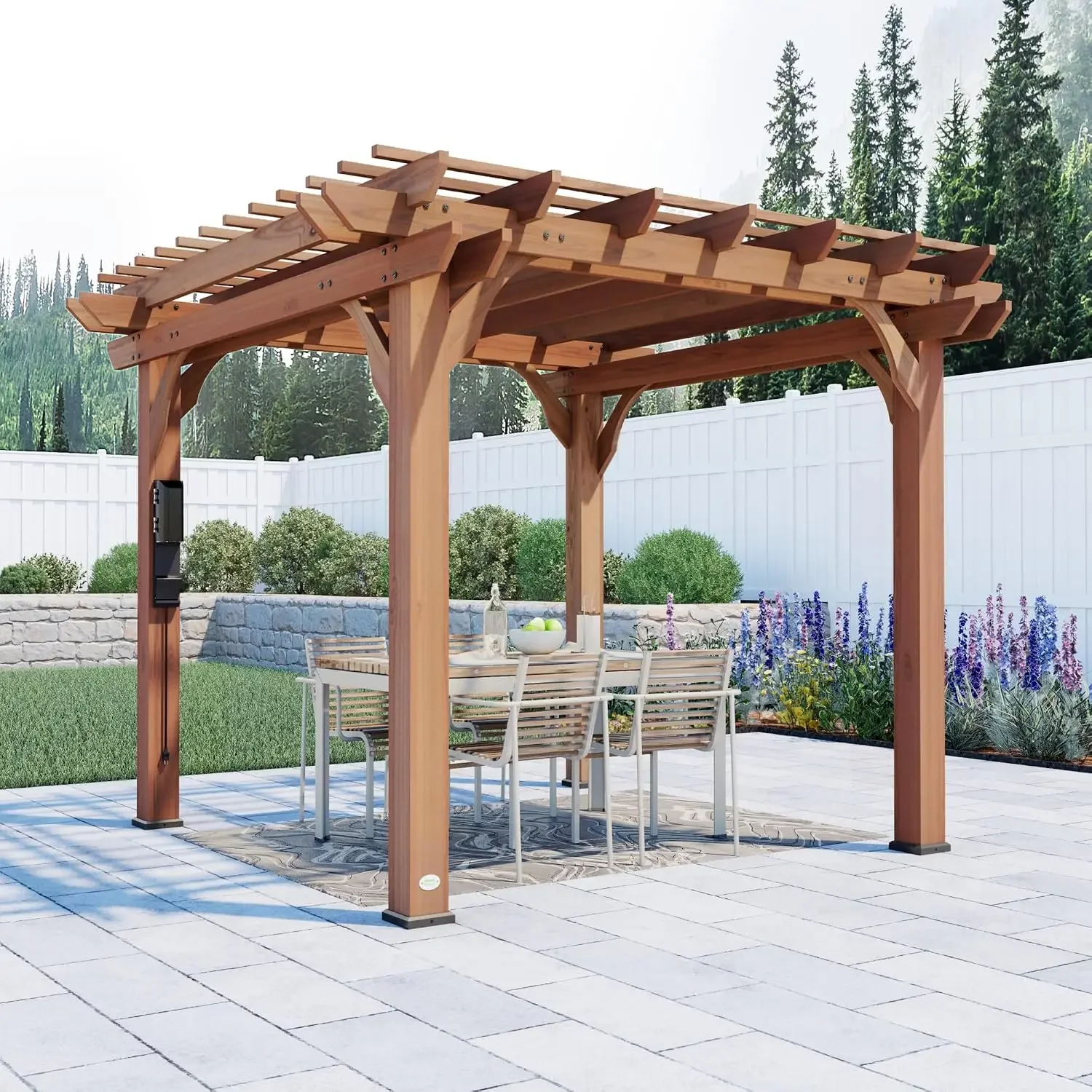 Beaumont 10' x 10' Traditional Cedar Wood Pergola Kit with Trellis Roof, All-Season Durability, High-Wind Rating, PowerPort, Sha