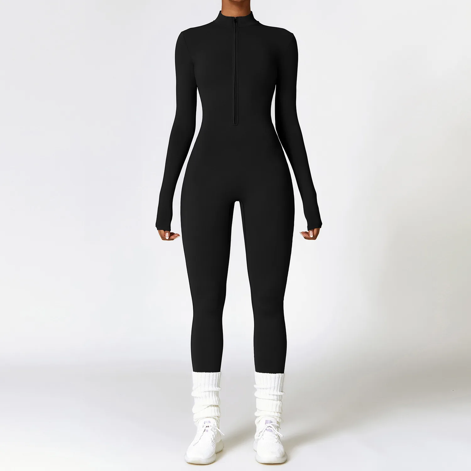 MODITIN-Combinaison de fitness pour femme, tenue chaude avec sourire pour la gym, manches longues, fermeture éclair, pantalon sans couture, ensemble de yoga, une pièce