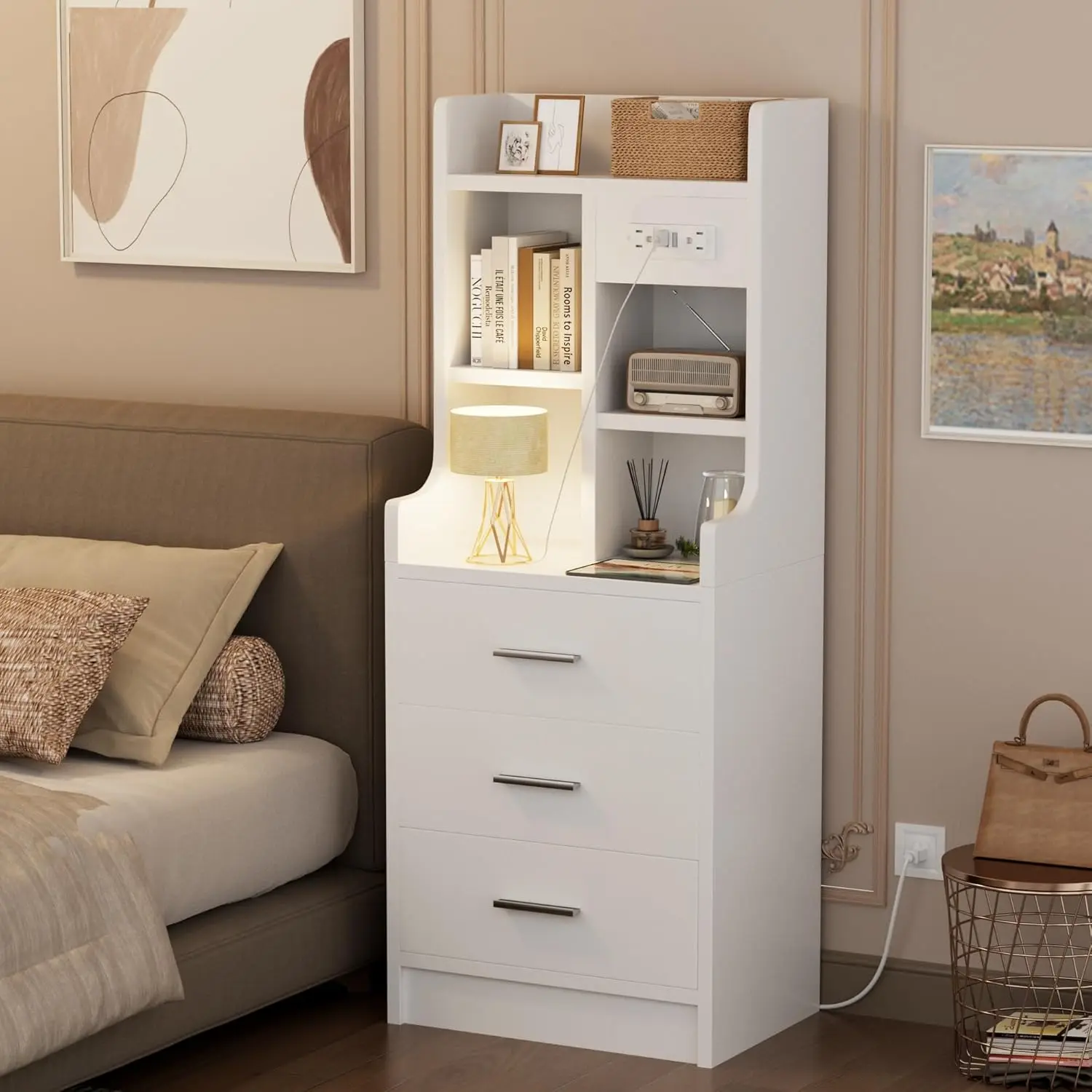 

Tall Nightstand with Charging Station and USB Ports, Bedside Table with Open Bookshelf, Endtable with 3 Drawers, for Bedroom