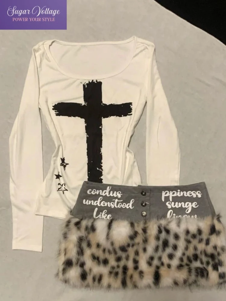 Harajuku Vintage Elegant Y2K Two Piece Set Women Punk Cross Print White Long Sleeve Top + Leopard Patchwork Mini Skirt Outfit
