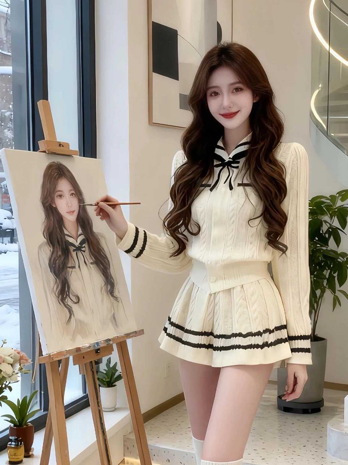 

Корейский стиль: вязаный комплект в студенческом стиле для женщин, весенний свитер с контрастным воротником и плиссированная короткая юбка с высокой талией, комплект из двух предметов