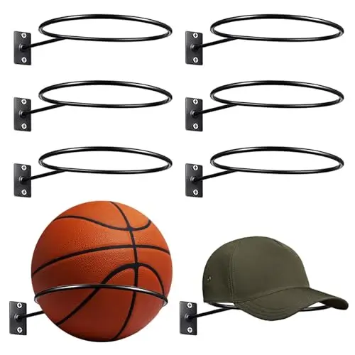 Ball Holder Wall Mounted 6 Pack Steel Rack for Basketball Soccer Volleyball Space Saving Organizer for Garage Home Gym