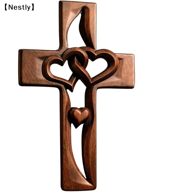 Hand-Carved Intertwined Hearts Cross Wall Decoration Rustic Wooden Double Hearts Cross Wall Sculpture Religious Decor〔Nest〕