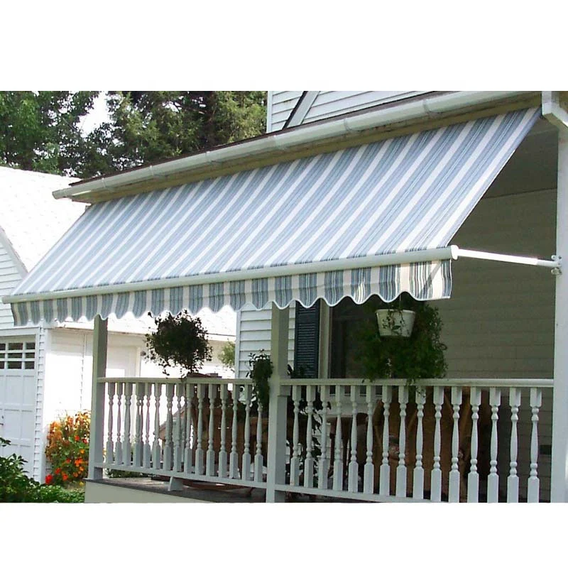 Outdoor Gym Sun Shade Electric Retractable Blue Stripe Awning Canopy of Canvas to Shelter People or Things From Rain or Sun