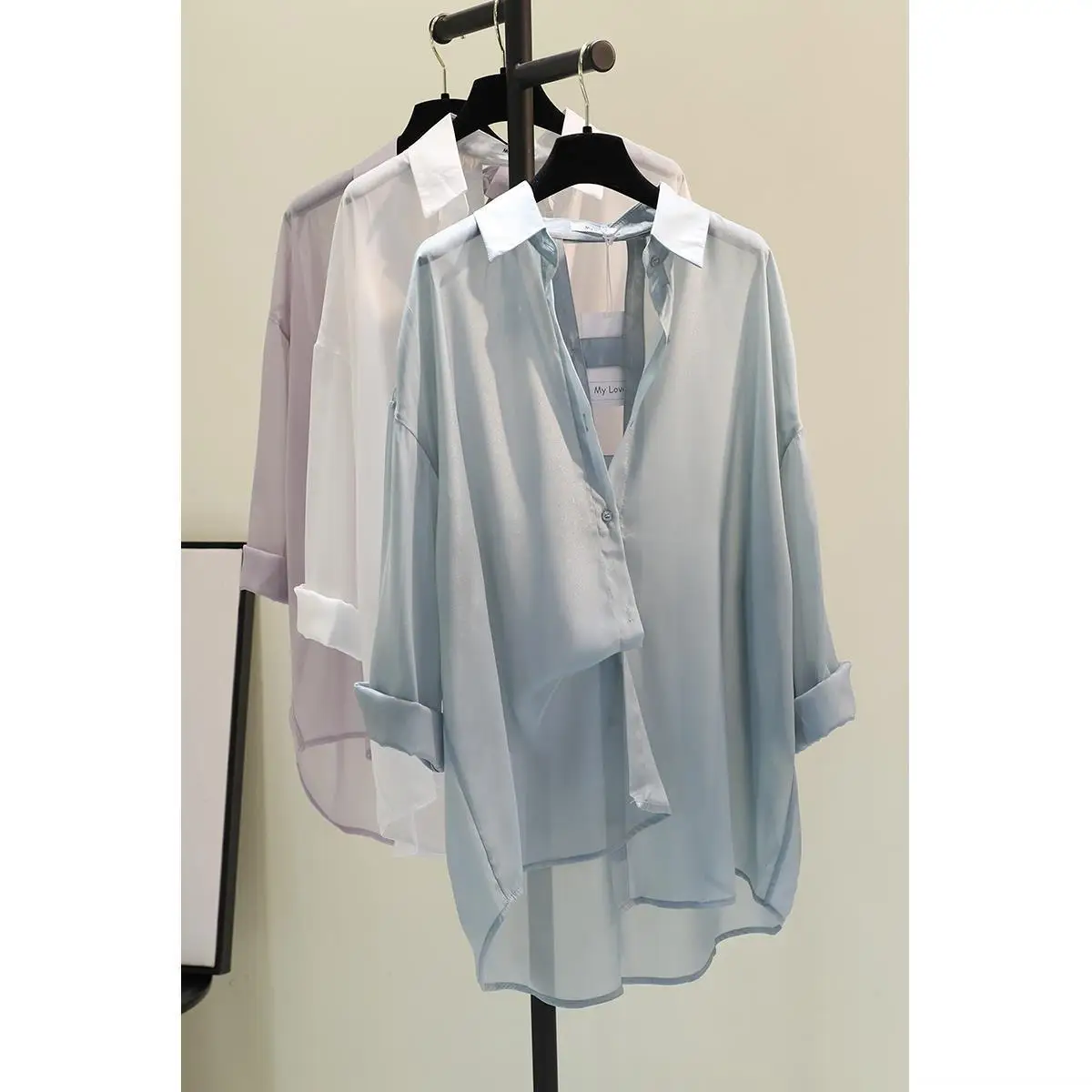 Candy Colored Tencel Thin Sun Protection Suit for Women\'s Summer New Korean Loose Casual Shirt Medium Length Shirt