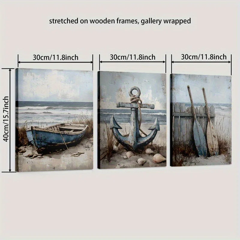 3 قطع من اللوحات القماشية بدون إطار، "مجموعة فنية جدارية بحرية لمشهد الشاطئ مكونة من 3 لوحات - مرساة، قارب، ديكور ساحلي للمجاديف" 11.8X15.7