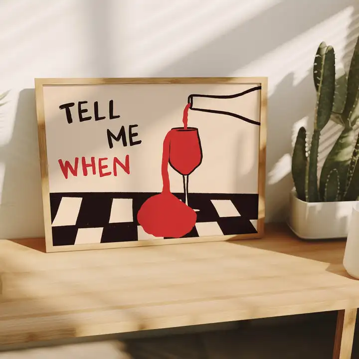 Vintage Tell Me When Drink Canvas Wall Art Poster, Unframed Abstract Red Wine Landscape Prints for Living Room and Kitchen Decor