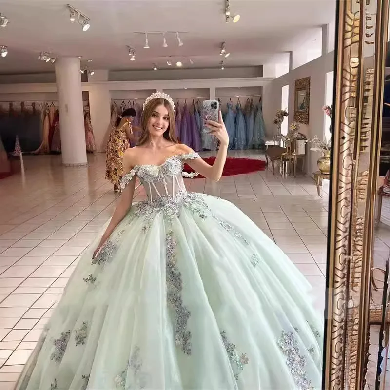 ANGELSBRIDEP Off-Shoulder Ball Gown Quinceanera Dresses Vestidos De 15 Anos 3D Flower Lace Formal Birthday Princess Party HOT