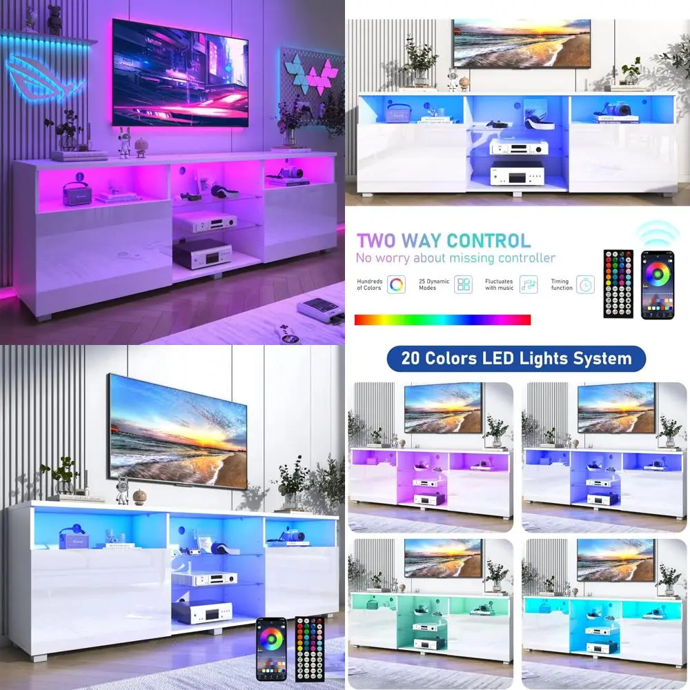 Vinctik 70in Modern White Gloss TV Stand - High Storage for 75-80in TVs, RGB Light, Perfect for Living Room