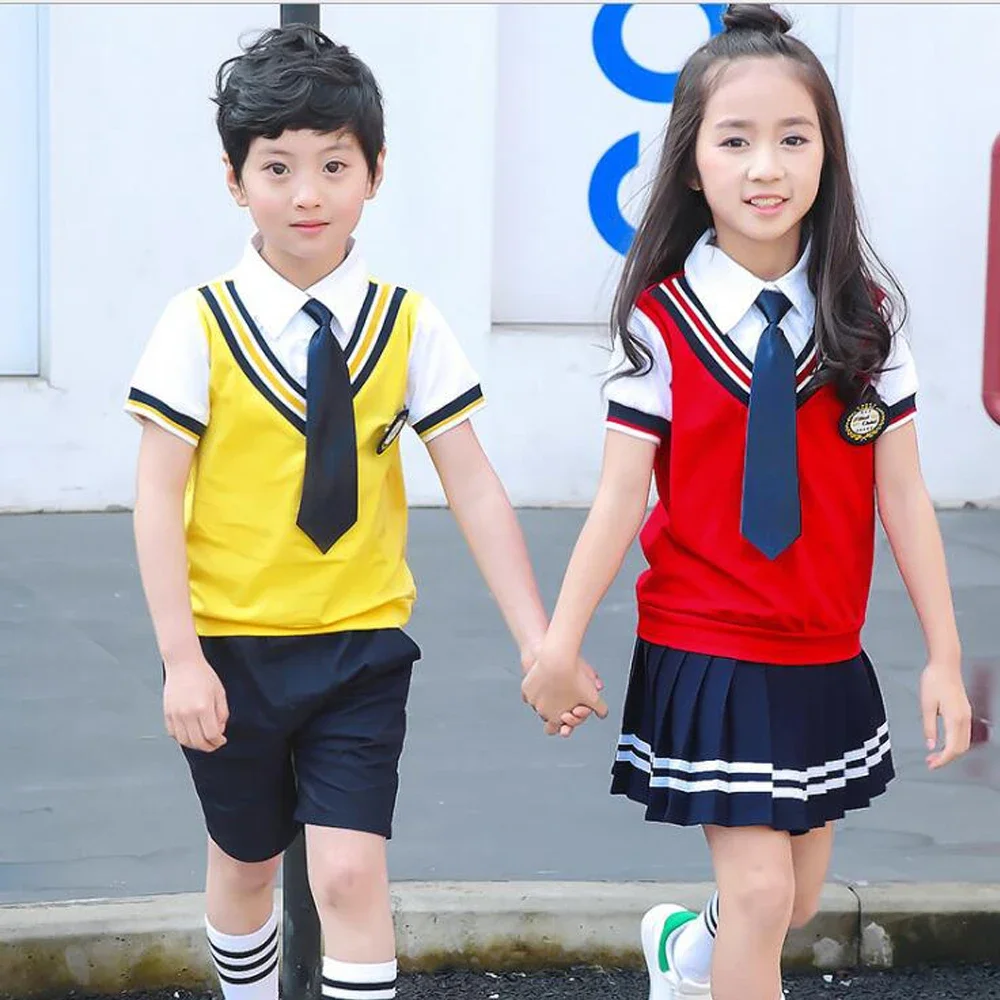 Farben Kinder Baumwolle koreanische japanische Schüler Schuluniformen Mädchen Jungen Kinder Kragen Hemd Top Falten rock Shorts Krawatte Outfits