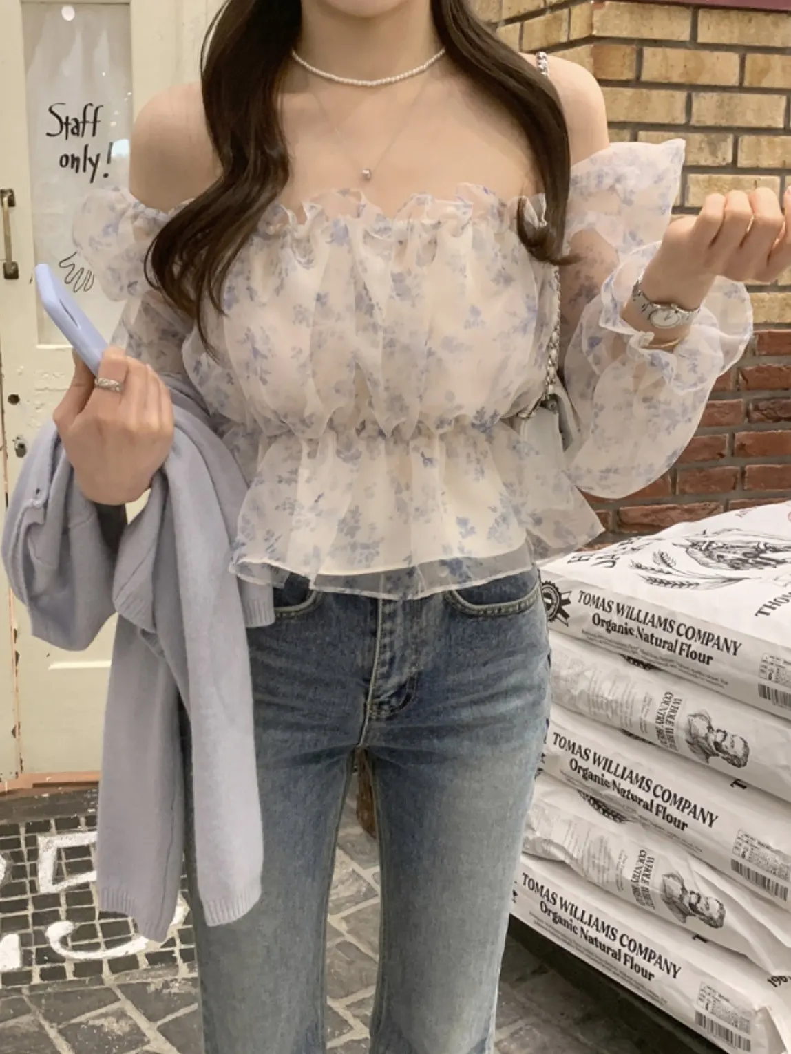 Bloemen verfraaid chiffon irt dames verzamelde oulderband taille-klinkend jong ogende semi-transparante Bubble Sve top