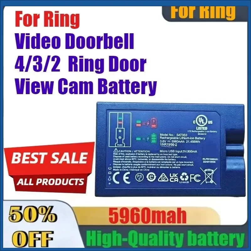 5960mAh High-Quality Replacement Rechargeable Battery for Ring Video Doorbell 4/3/2 Ring Door View Cam Battery