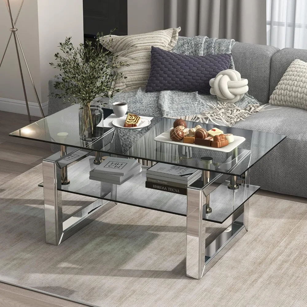 Glass Coffee Table, Modern Coffee Tables with Lower Shelf and Mirrored Legs for Living Room, Home Office, Coffee Table