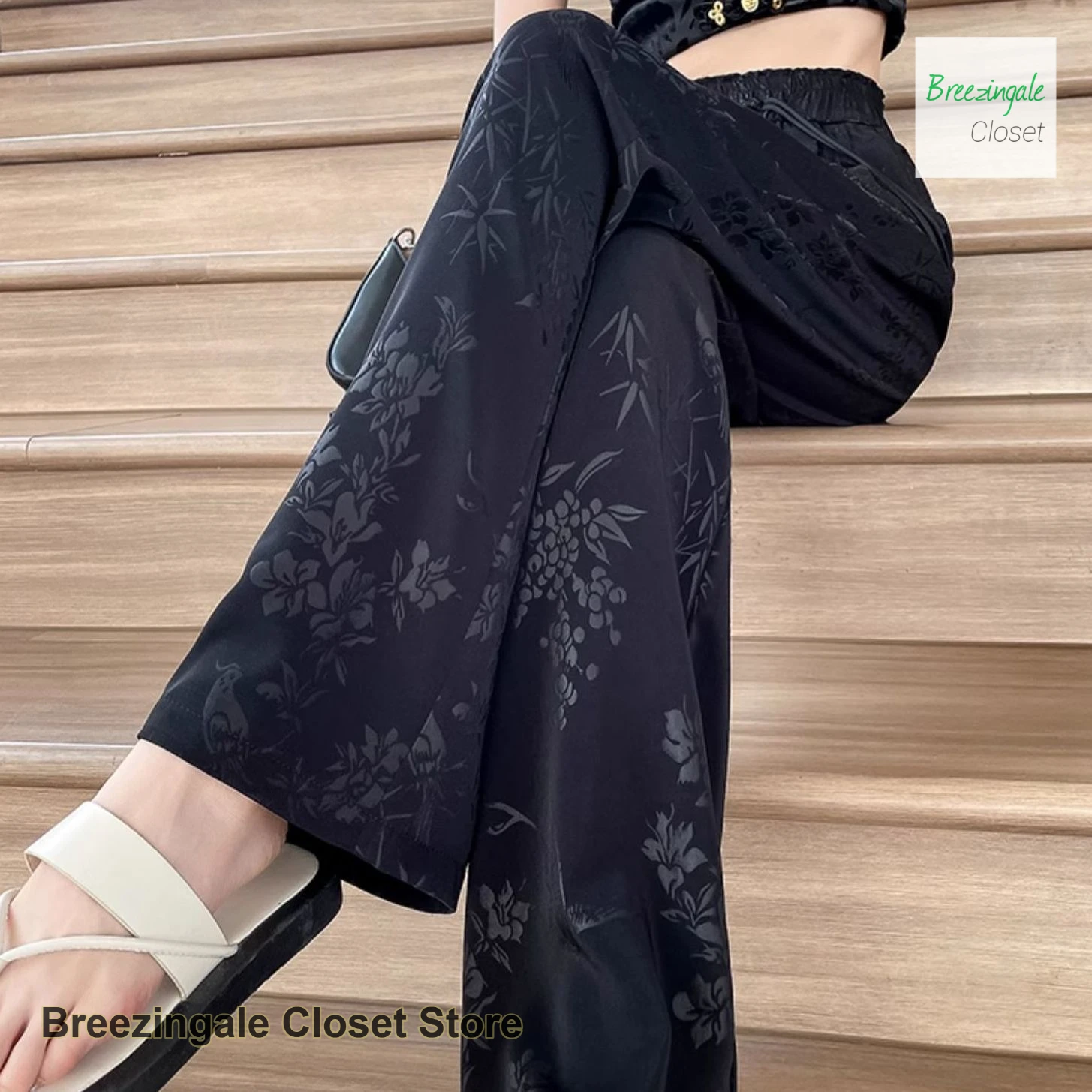 French style black jacquard ice silk wide-leg pants women's summer thin loose slim fashion temperament straight casual pants.