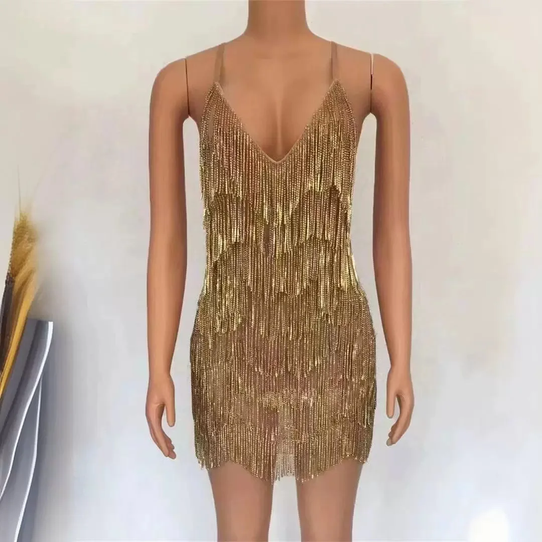 

New European and American long tassel perspective hollowed out sexy tight suspender short skirt evening dress stage performance