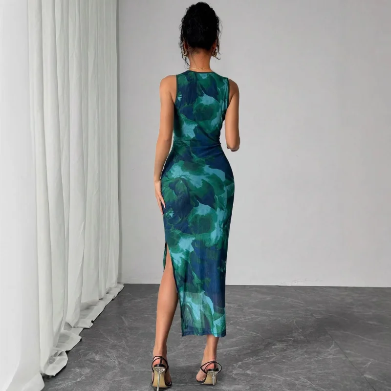 Independent Station2025Novo estilo verão feminino sem mangas estampado malha bodycon vestido