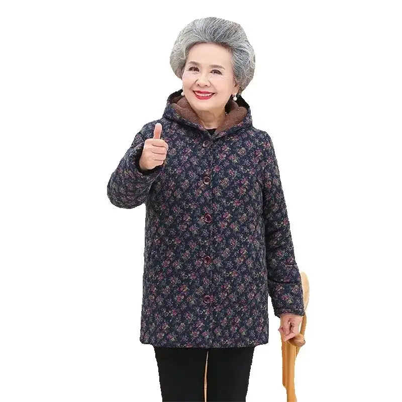 New Cotton-Padded Grandma Winter Clothes Plus Velvet Super Warm Coat Old Clothes Mother Hooded Warm Cotton-Padded Jacket