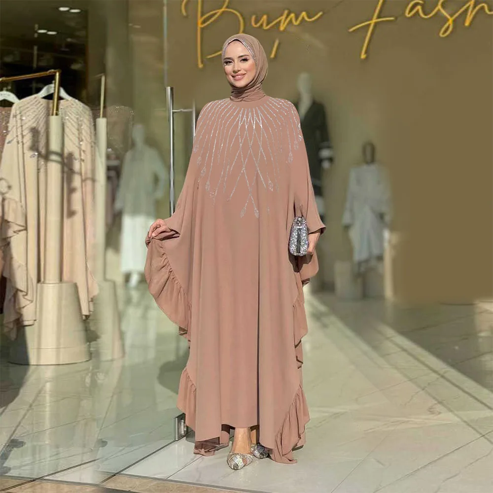 

Diamonds Cloak Abaya Dubai Kaftan Women Muslim Dress Ruffles Evening Party Gown Loose African Dresses Caftan Marocain Femme Robe