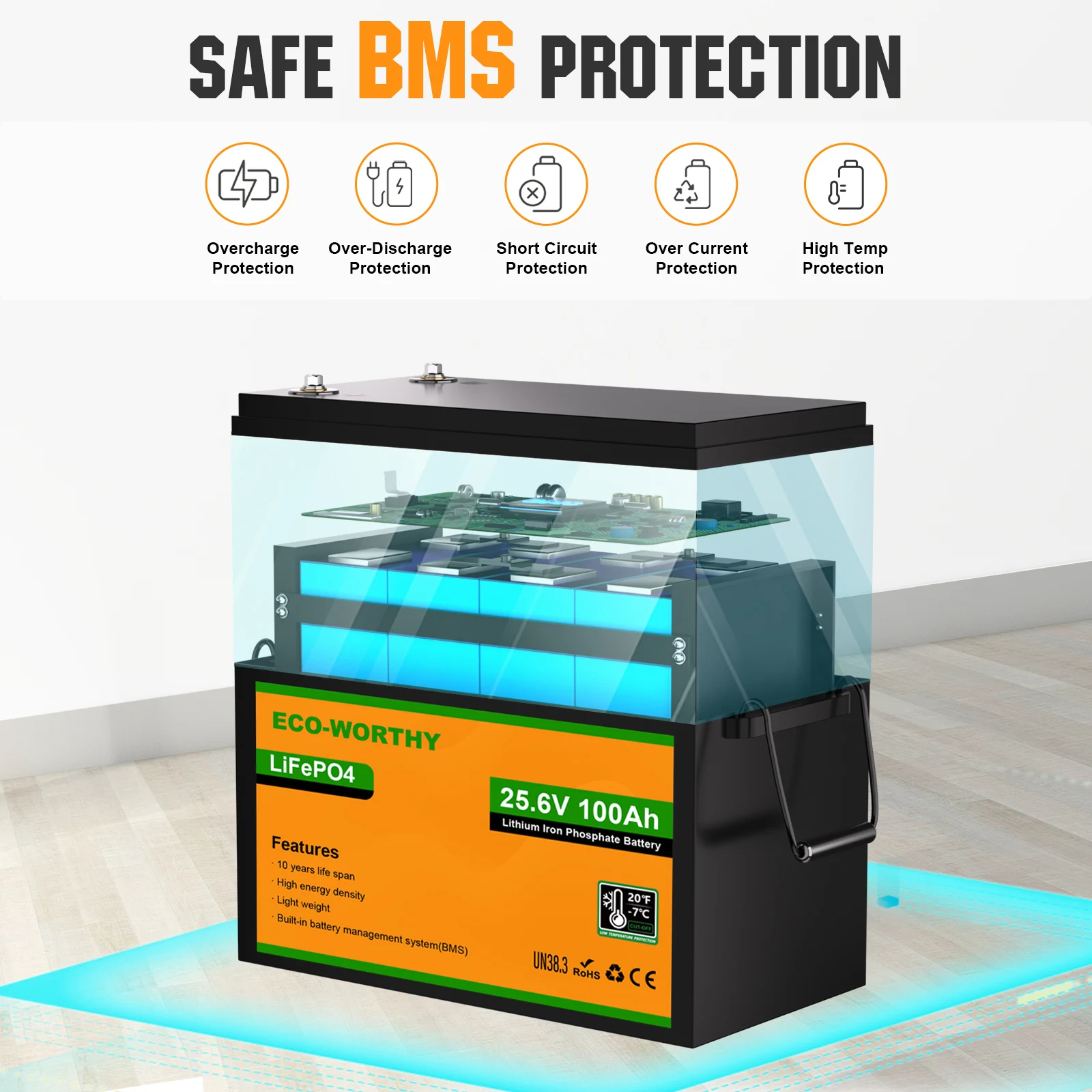 بطارية ليثيوم ECO-WORTHY 24V 100AH LiFePO4، بطارية قابلة لإعادة الشحن ذات دورات عميقة مع حماية منخفضة الحرارة، كحد أقصى. 2560 واط خارج الشبكة