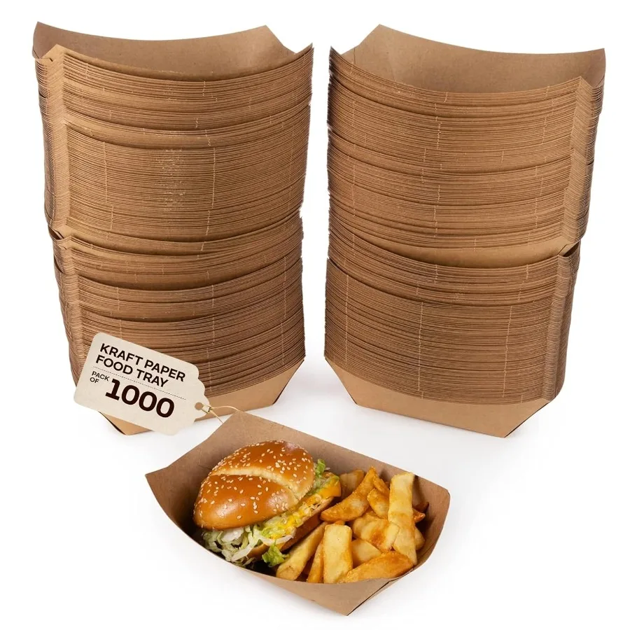 

3 lb Kraft Paper Food Trays (Pack of 1000) - Food-Safe Poly Coated for Extra Moisture Resistance - Serving Tray for Fries
