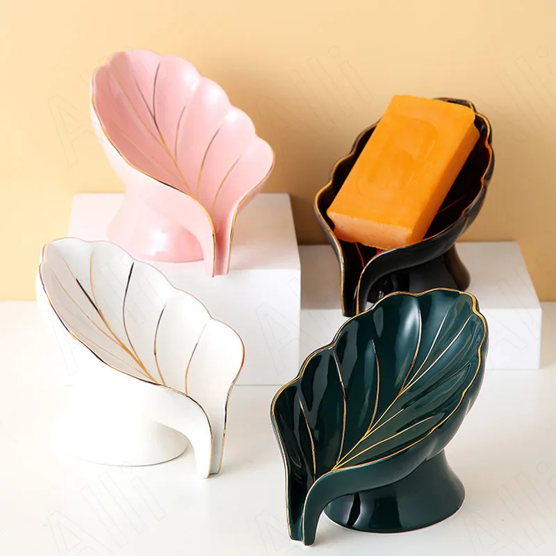 Modern Ceramic Soap Dish Leaf Decorative Drain Soaps Holder Wash Basin Desktop Golden Stroke Storage Box Bathroom Accessories