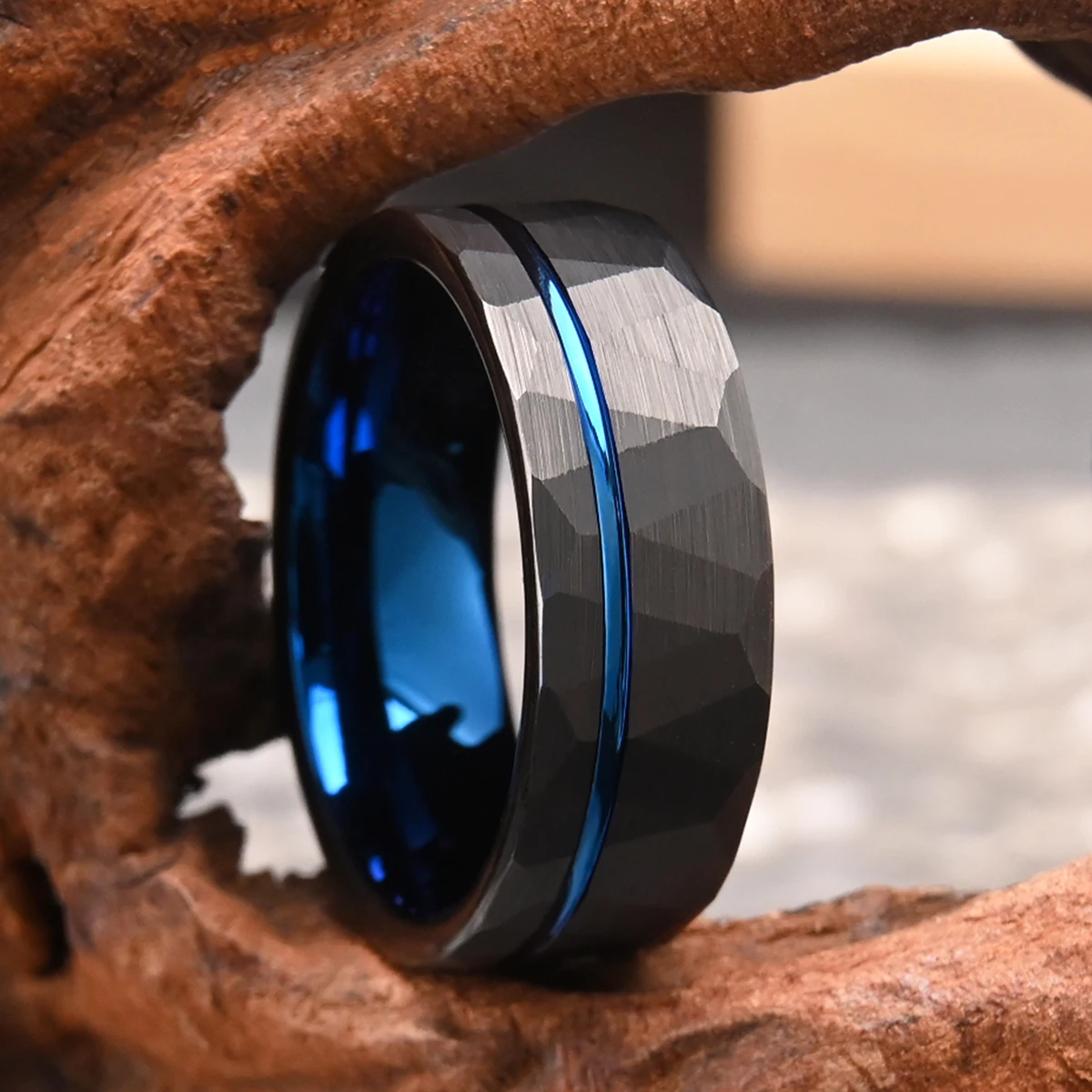 8mm black hammered tungsten steel ring, blue men's wedding ring, fashionable and simple style comfort fit daily gathering