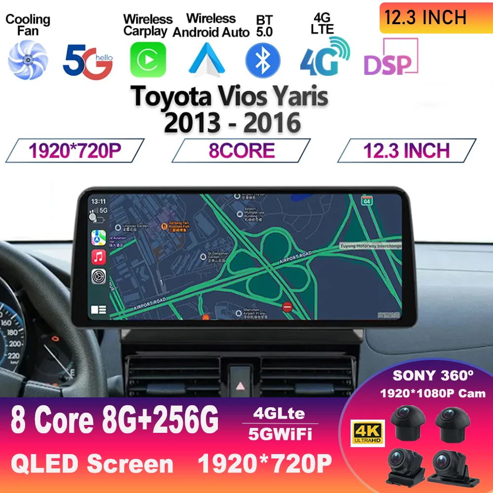 12.3 Inch Screen Android 13 For TOYOTA VIOS YARIS 2013 -2016 Multimedia Video Player Car Radio GPS Navigation Carplay 5G WIFI BT