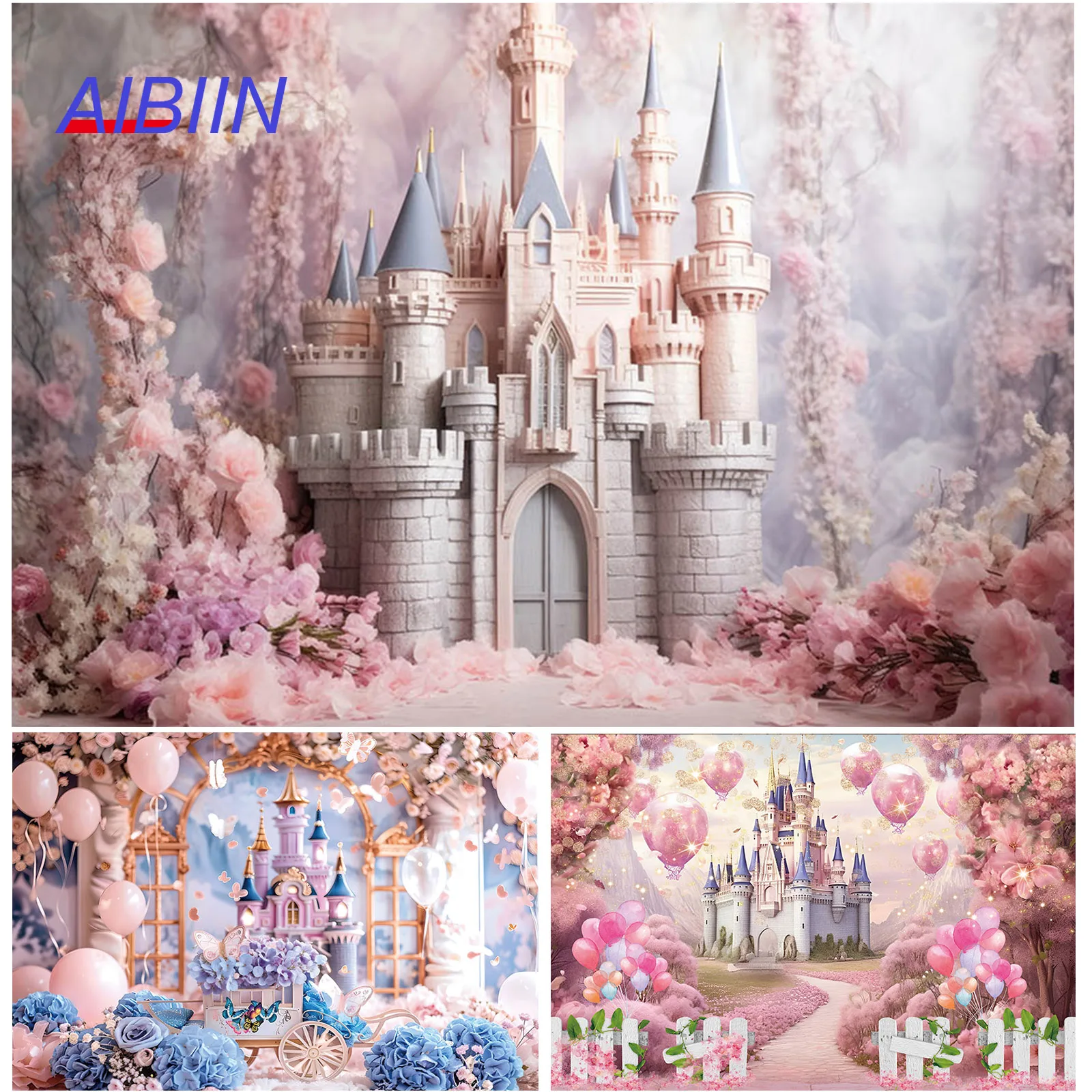 AIBIIN Castle Photography Backdrop Pink Princess Girl Portrait Background Balloons Flowers Photo Birthday Party Decorations