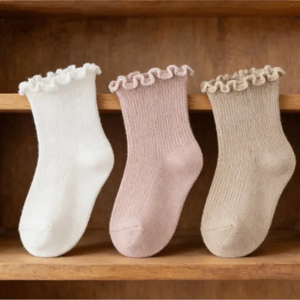 New solid-color lace mid-calf socks for boys and girls sock spring autumn baby socks with black ear trim cute baby socks