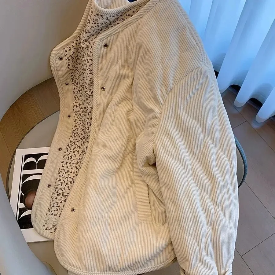 

Women's Loose Fit Cotton Jaet Floral Patchwork Corduroy Quilted Coat Winter New Sle Versatile Cotton Outerwear