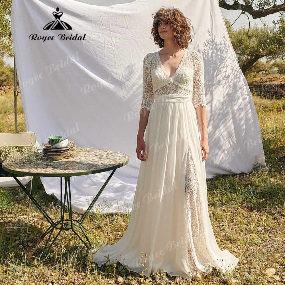 hochzeitskleid szyfonowa suknia ślubna z rękawami 3/4 koronkowa Boho V Neck suknia ślubna dla kobiet 2025 suknia ślubna dostosowane Vestidos novia