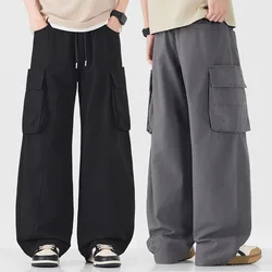 Men Spring Summer Streetwear Lightweight Fashion Loose Casual Pure Cotton Wide Leg Straight Cargo Pant Man Trousers