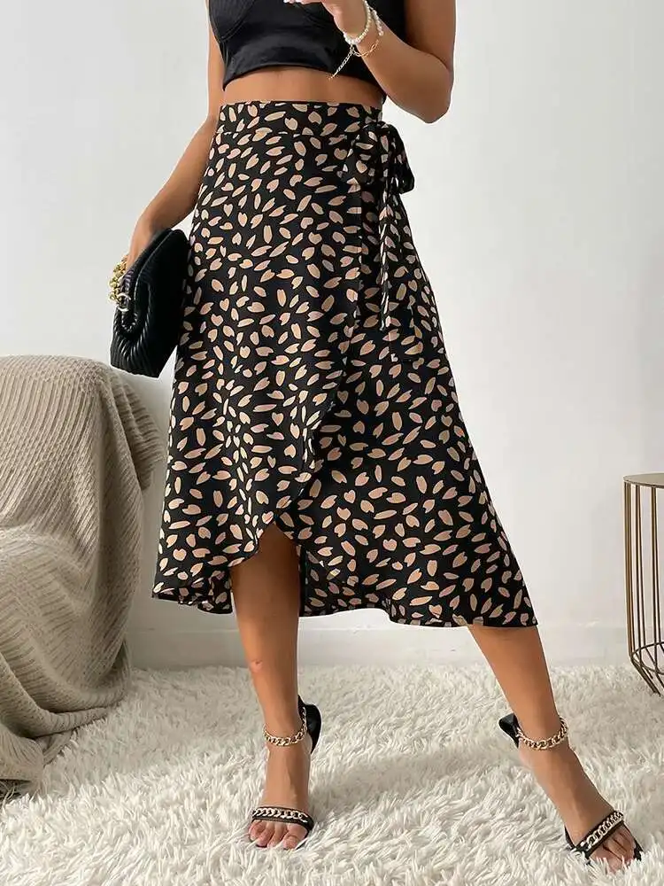

Women Casual Print Tie Side Wrap Skirt Elegant High Waist Female Summer Asymmetrical Knee Length A-Line Skirts Casual 7EQ4
