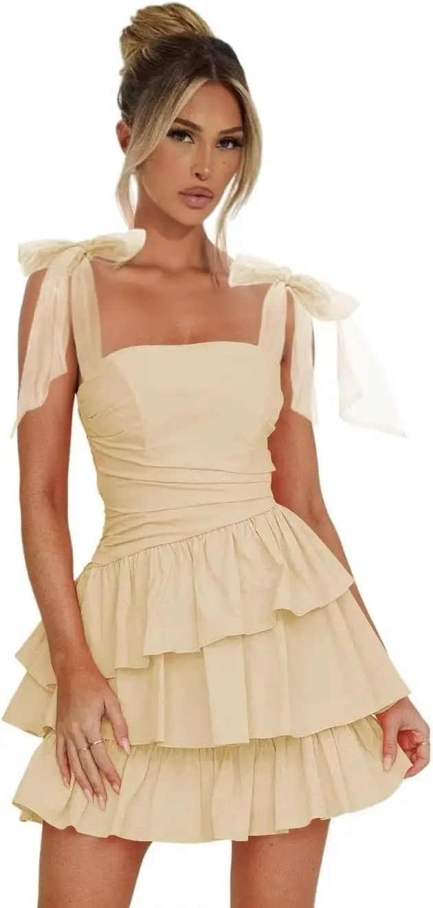 Above Knee ， Mini Chiffon Spaghetti Strap Tiered Homecoming Dresses 2025 Short Square Neck Cocktail Pary Dress with Bow DE476