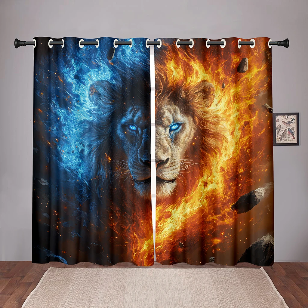 

2 Pcs 3D Fire Ice Lion Curtains Cool Contrast Print Bedroom Living Room Decor Creative Animal Art Window Panels